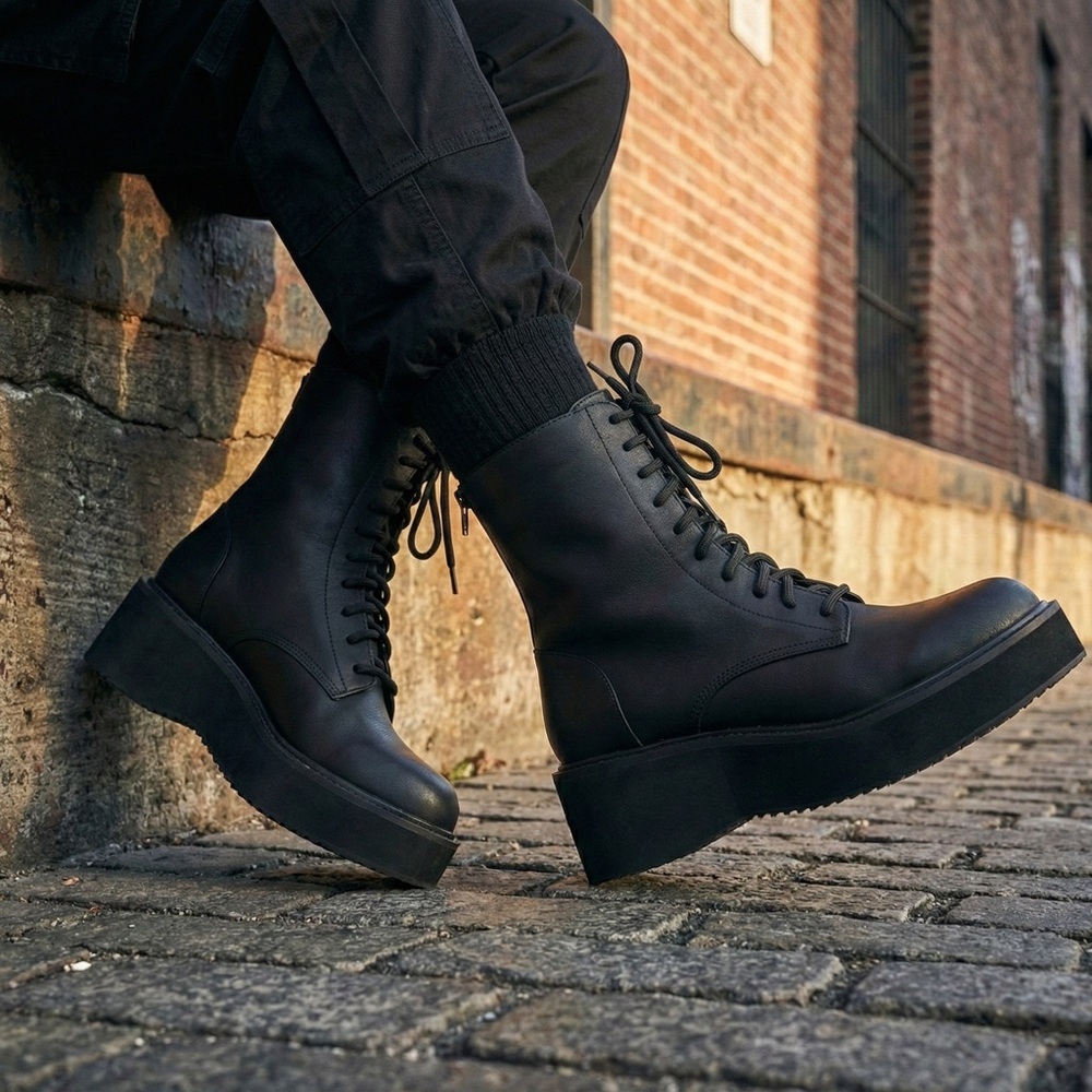 NWT Bamboo Black Mega Platform Boots 2.25” Heel Lace-Up Combat Grunge